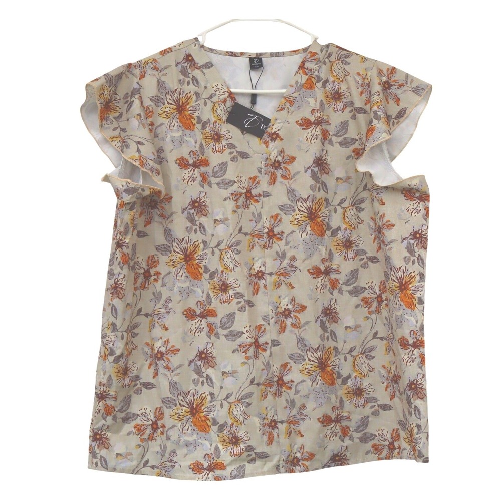 Totatuit Floral V-Neck Flutter Sleeve Women Blouse Beige Orange XXL NWT